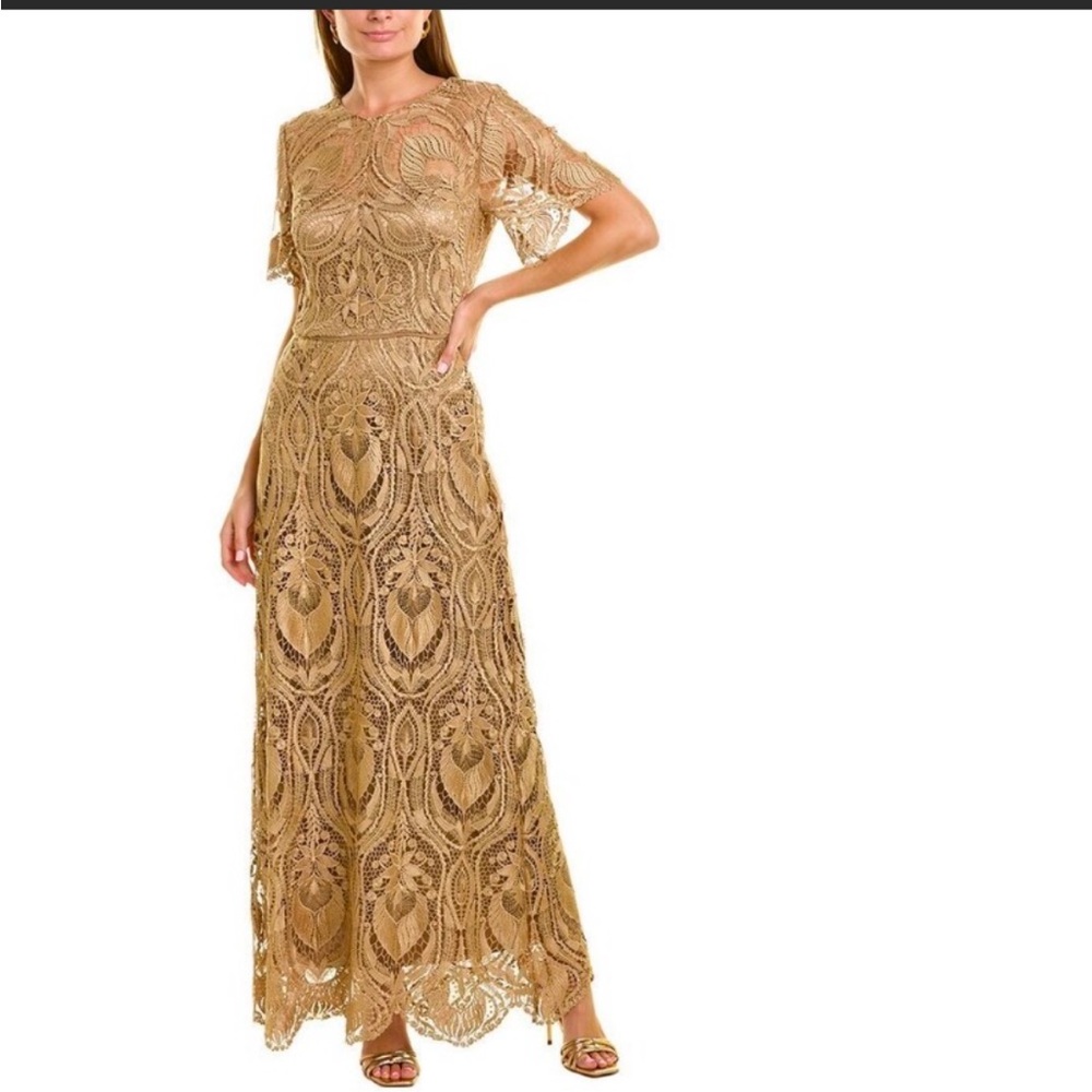 JS Collection short sleeves Lace cheverone A-Line Evening long gown